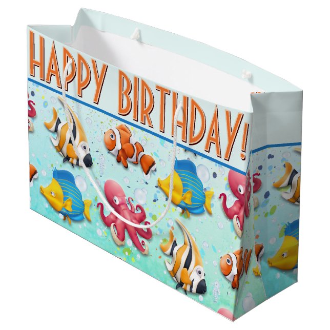 Colourful Tropical Fish Kids Birthday Large Gift Bag (Back Angled)