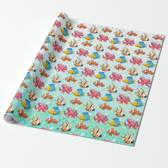 Colourful Tropical Fish Kids Wrapping Paper (Unrolled)