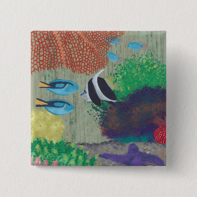 Colourful Tropical fish painting Pin on Buttons (Front)