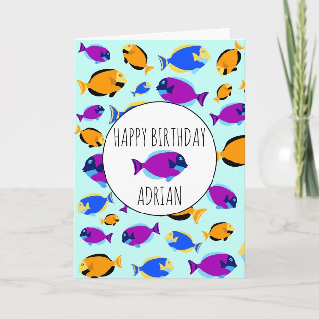 Colourful Tropical Fish Pattern Blue Sea Birthday Card (Front)