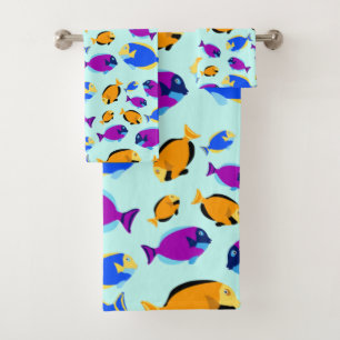 Colourful Tropical Fish Pattern in Blue Sea Bath Towel Set