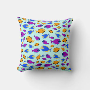 Colourful Tropical Fish Pattern in Blue Sea Cushion