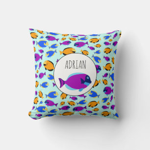 Colourful Tropical Fish Pattern in Blue Sea Cushion