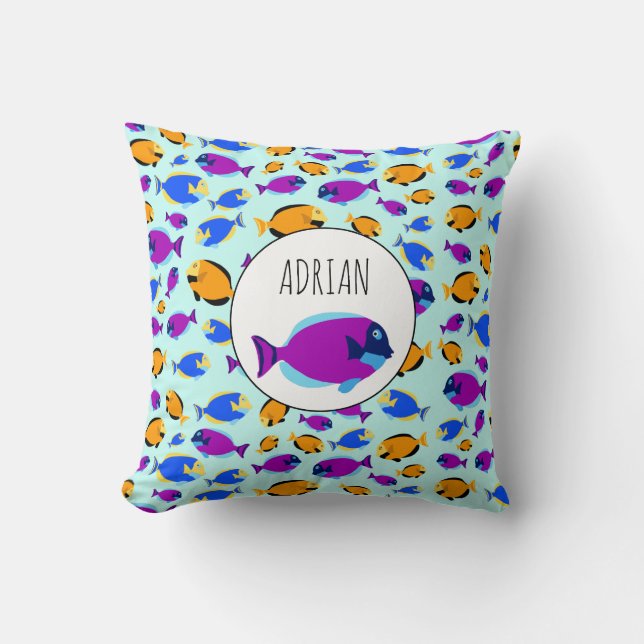 Colourful Tropical Fish Pattern in Blue Sea Cushion (Front)