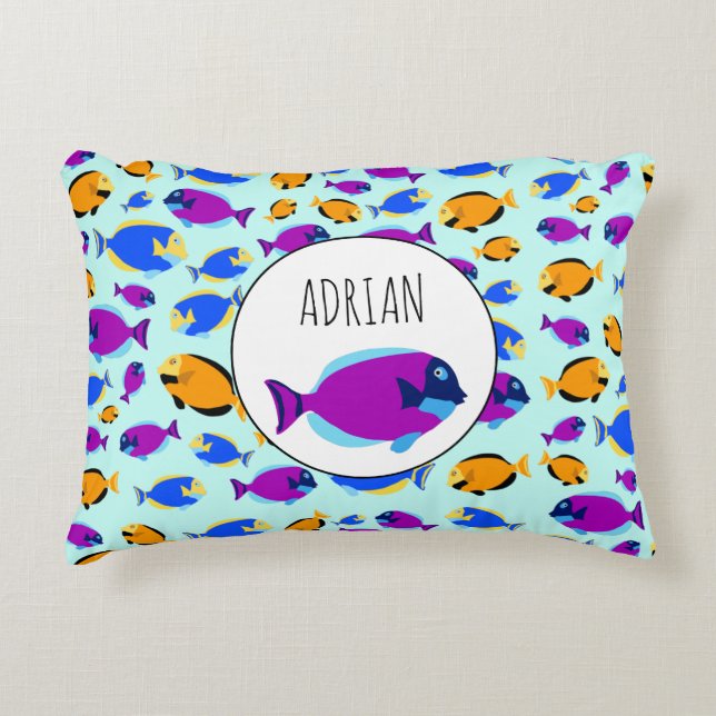Colourful Tropical Fish Pattern in Blue Sea Decorative Cushion (Front)