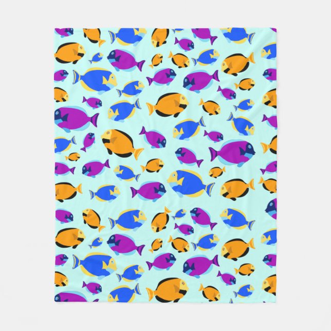Colourful Tropical Fish Pattern in Blue Sea Fleece Blanket (Front)
