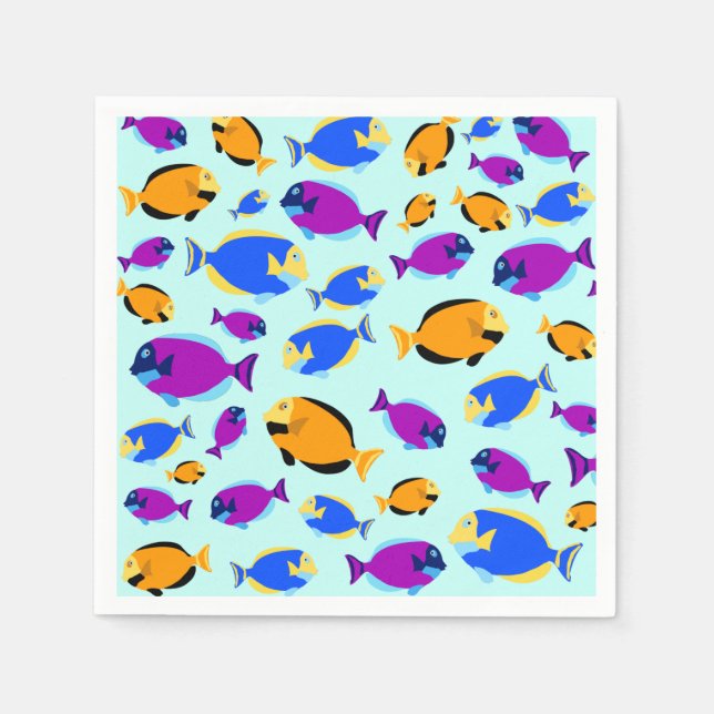 Colourful Tropical Fish Pattern in Blue Sea Napkin (Front)