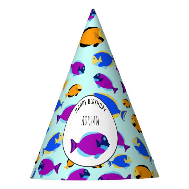 Colourful Tropical Fish Pattern in Blue Sea Party Hat (Front)