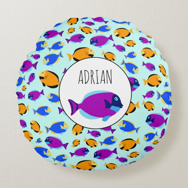 Colourful Tropical Fish Pattern in Blue Sea Round Cushion (Front)