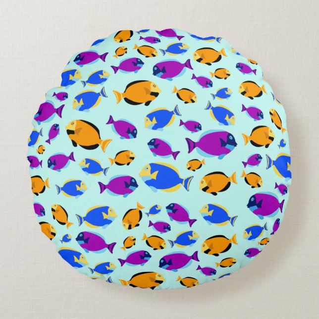 Colourful Tropical Fish Pattern in Blue Sea Round Cushion (Front)