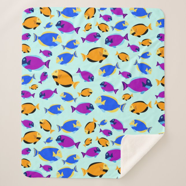 Colourful Tropical Fish Pattern in Blue Sea Sherpa Blanket (Front)
