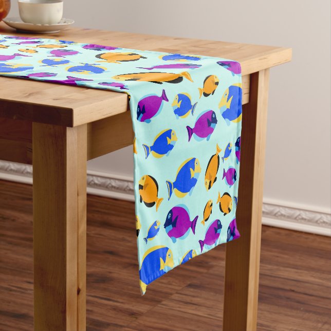 Colourful Tropical Fish Pattern in Blue Sea Short Table Runner (In Situ)