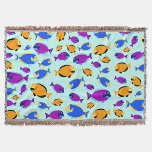 Colourful Tropical Fish Pattern in Blue Sea Throw Blanket