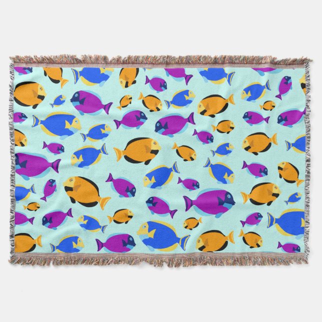 Colourful Tropical Fish Pattern in Blue Sea Throw Blanket (Front)