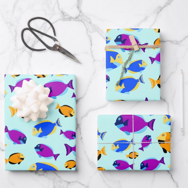 Colourful Tropical Fish Pattern in Blue Sea Wrapping Paper Sheet (Front)