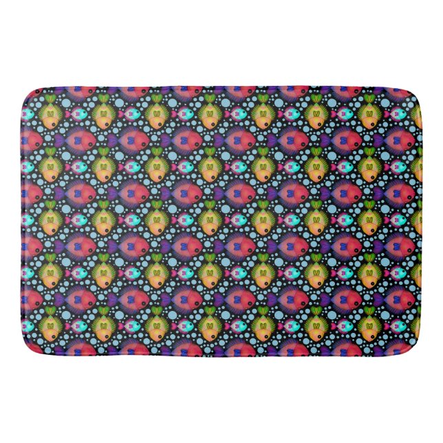 Colourful Tropical Fish Pattern on Black Bath Mat (Front)