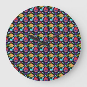 Colourful Tropical Fish Pattern on Black Large Clock