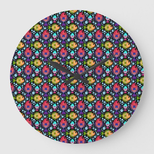 Colourful Tropical Fish Pattern on Black Large Clock (Front)