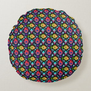 Colourful Tropical Fish Pattern on Black Round Cushion