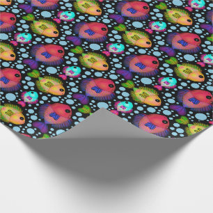 Colourful Tropical Fish Pattern on Black Wrapping Paper