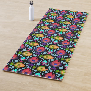 Colourful Tropical Fish Pattern on Black Yoga Mat