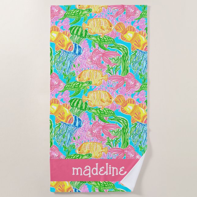 Colourful Tropical Fish Pattern Personalised Beach Towel (Front)