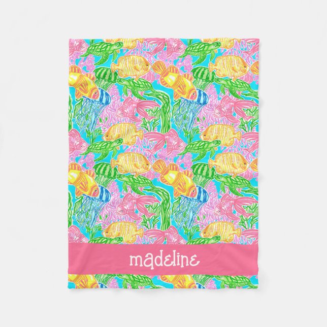 Colourful Tropical Fish Pattern Personalised Fleece Blanket (Front)
