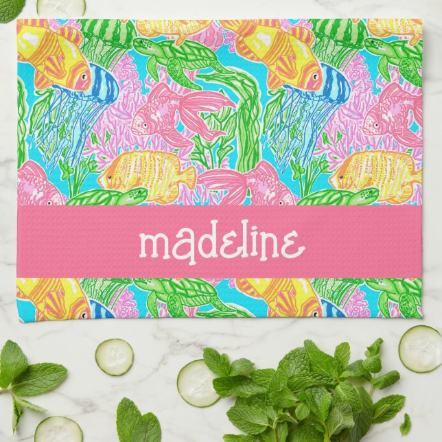 Colourful Tropical Fish Pattern Personalised Tea Towel (Folded)