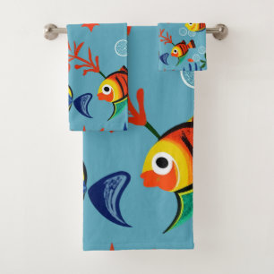 Colourful Tropical Fish Underwater Pattern Bath Towel Set