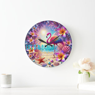 Colourful Tropical Flamingo Sunset Beach Large Clock