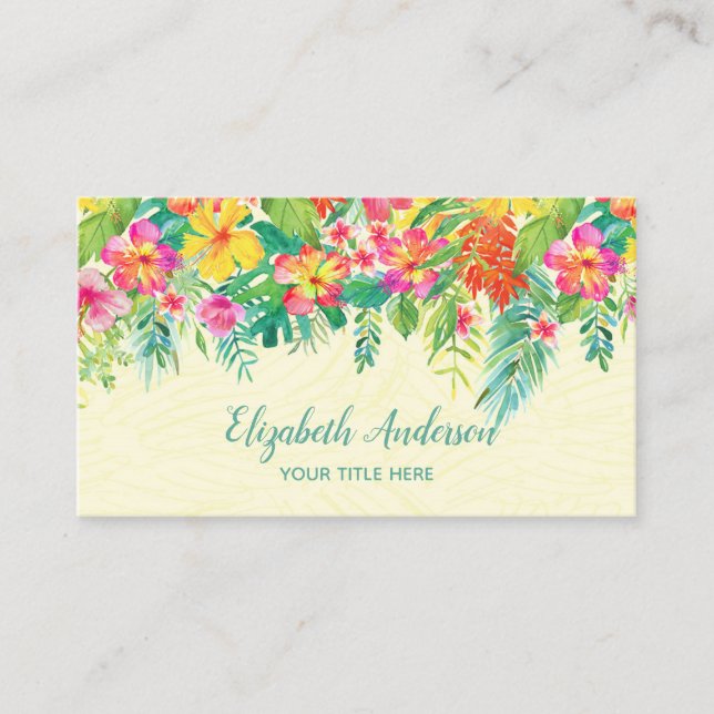 Colourful Tropical Floral and Flamingo Business Card (Front)