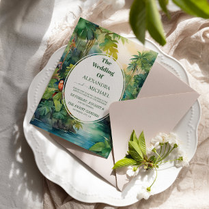 Colourful Tropical Floral Casual Green Wedding Invitation