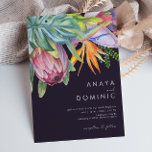Colourful Tropical Floral Casual | Purple Wedding Invitation<br><div class="desc">This colourful tropical floral casual | purple wedding invitation is perfect for your modern boho destination, green, purple, peach wedding. Design features an elegant bouquet of classic beach watercolor greenery and flowers that may include sage green eucalyptus, mauve and red protea, blush pink hibiscus, orange and blue bird of paradise,...</div>