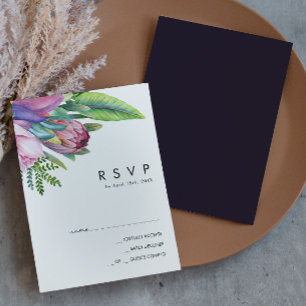 Colourful Tropical Floral Dark Purple RSVP Card