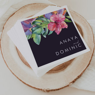 Colourful Tropical Floral | Dark Purple Wedding Napkin