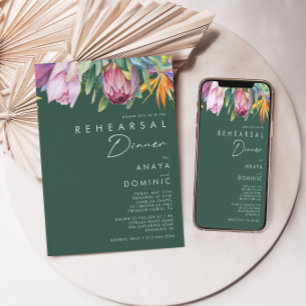 Colourful Tropical Floral   Green Rehearsal Dinner Invitation