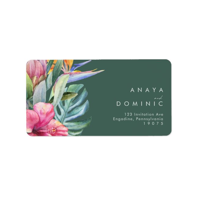 Colourful Tropical Floral | Green RSVP Address Label (Front)
