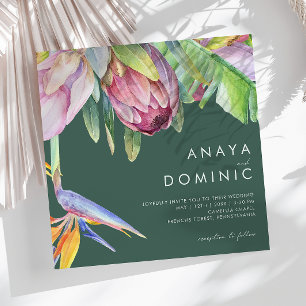 Colourful Tropical Floral Green Square Wedding Invitation