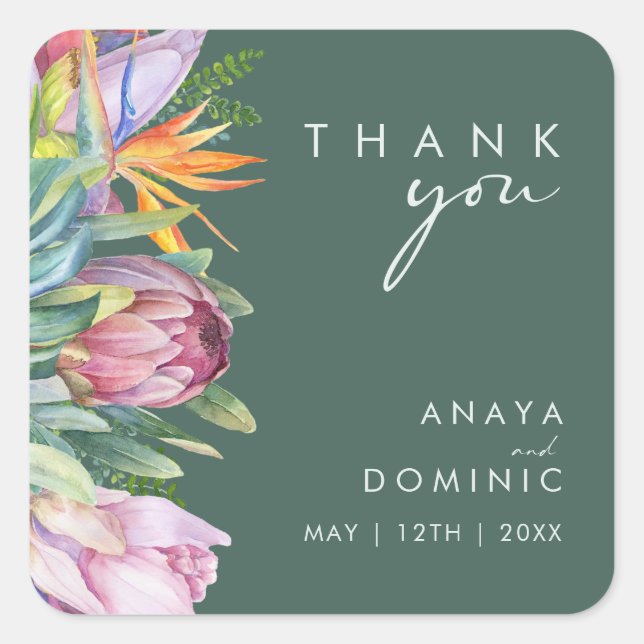 Colourful Tropical Floral | Green Thank You Weddin Square Sticker (Front)