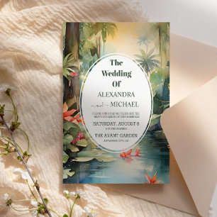 Colourful Tropical Floral Green Wedding Invitation