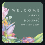 Colourful Tropical Floral | Green Wedding Welcome Square Sticker<br><div class="desc">This colourful tropical floral | green wedding welcome sticker is perfect for your modern boho destination, green, purple, peach wedding. Design features an elegant bouquet of classic beach watercolor greenery and flowers that may include sage green eucalyptus, mauve and red protea, blush pink hibiscus, orange and blue bird of paradise,...</div>