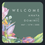 Colourful Tropical Floral | Green Wedding Welcome Square Sticker<br><div class="desc">This colourful tropical floral | green wedding welcome sticker is perfect for your modern boho destination, green, purple, peach wedding. Design features an elegant bouquet of classic beach watercolor greenery and flowers that may include sage green eucalyptus, mauve and red protea, blush pink hibiscus, orange and blue bird of paradise,...</div>