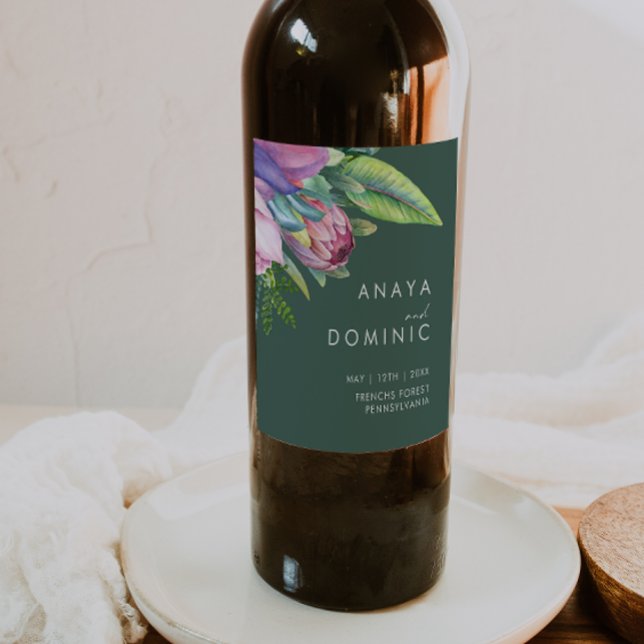 Colourful Tropical Floral | Green Wedding Wine Label (Creator Uploaded)