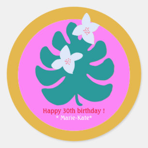 Colourful tropical floral modern name pink classic round sticker