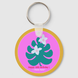 Colourful tropical floral modern name pink key ring
