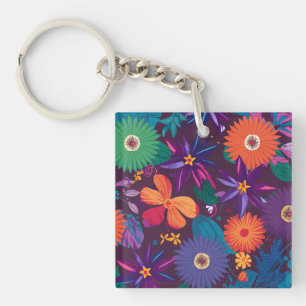 Colourful Tropical Floral Pattern with Bold Blooms Key Ring