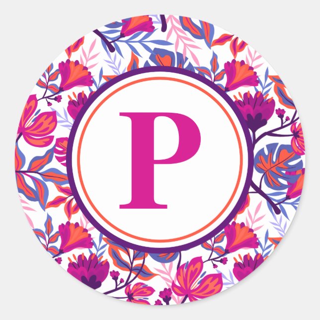 Colourful, Tropical Floral Pattern, Your Initial Classic Round Sticker (Front)