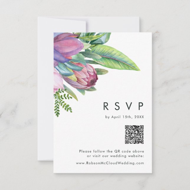 Colourful Tropical Floral | Peach QR Code RSVP Car (Front)