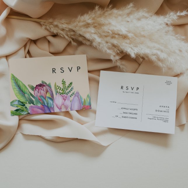Colourful Tropical Floral | Peach Wedding RSVP Postcard (Creator Uploaded)