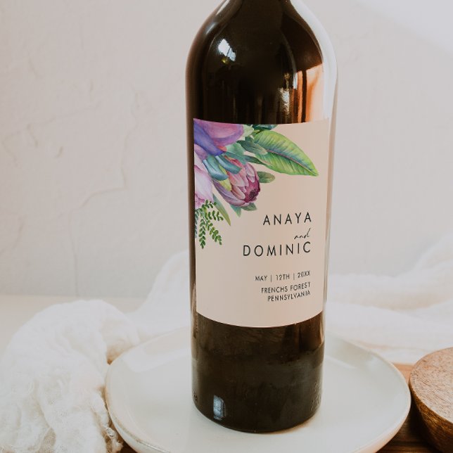 Colourful Tropical Floral | Peach Wedding Wine Label (Creator Uploaded)